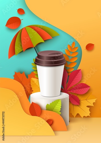 Plastic disposable cup on display podium, paper cut autumn background, vector illustration. Takeaway coffee, tea cup ads