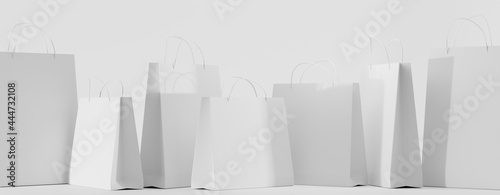 White paper shopping bags for carry takeaway mockup. Blank gift packages with handles rectangular and square isolated on background. Template for corporate design on cardboard bag for store or market