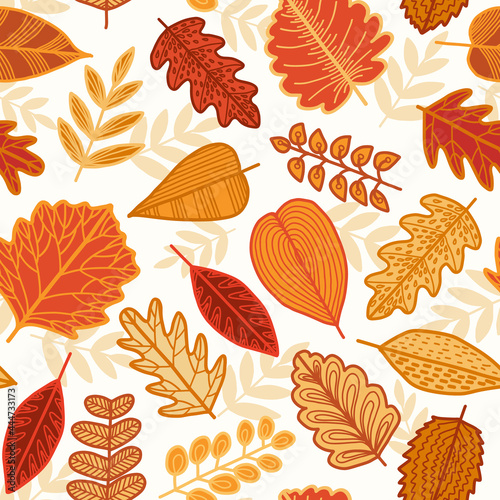 Autumn leaves seamless pattern. Fall. Yellow orange leaf. Vector illustration on white background