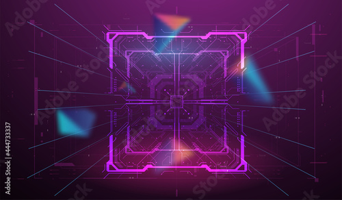 Virtual space background. Neon HUD concept. Abstract Layout digital design User Interface Square Frames in neon style. Futuristic HUD frames. Sci fi technology template design.