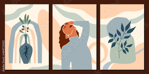 Girl and plant poster collection. Minimalist abstract boho woman portrait set.