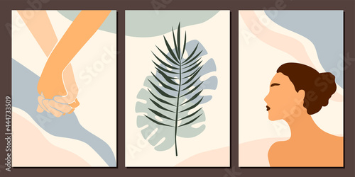 Girl and plant poster collection. Minimalist abstract boho woman portrait set.