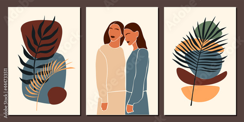 Girl and plant poster collection. Minimalist abstract boho woman portrait set.