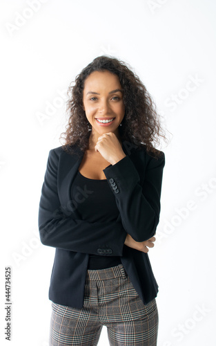 Portrait beautiful confident Caucasian female businesswoman smiling with success, crossing arms with thoughtfulness of creative idea, wearing formal suit, standing on isolated white background cutout.