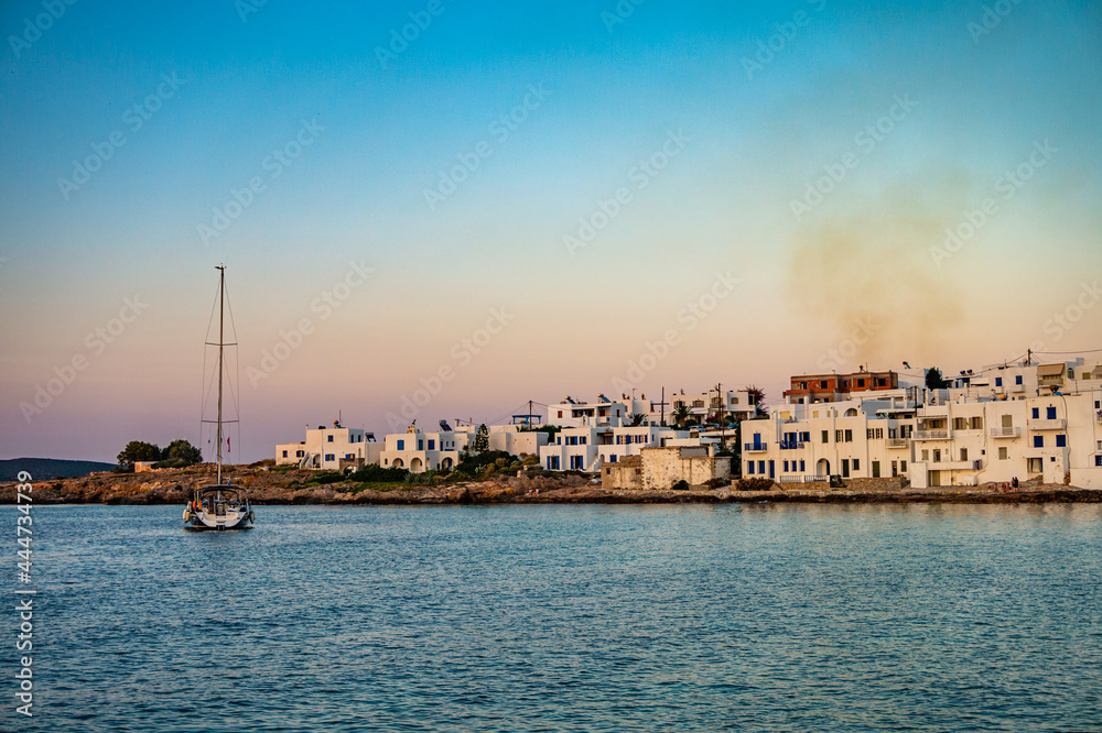 Iconic view from the picturesque seaside village of Naousa in the island of Paros, Cyclades, Greece, during summer period