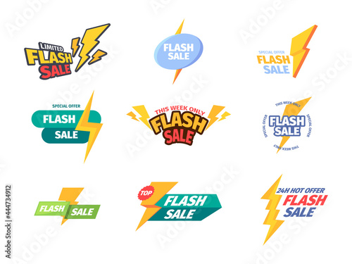 Flash sale. Holiday lighting text promotional countdown banners and badges for hot advertising garish vector templates collection