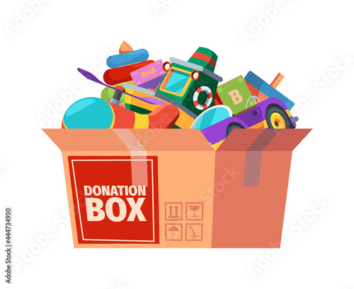 Donation box. Children toys in containers carrying for poor kids support donation for different peoples garish vector cartoon illustrations