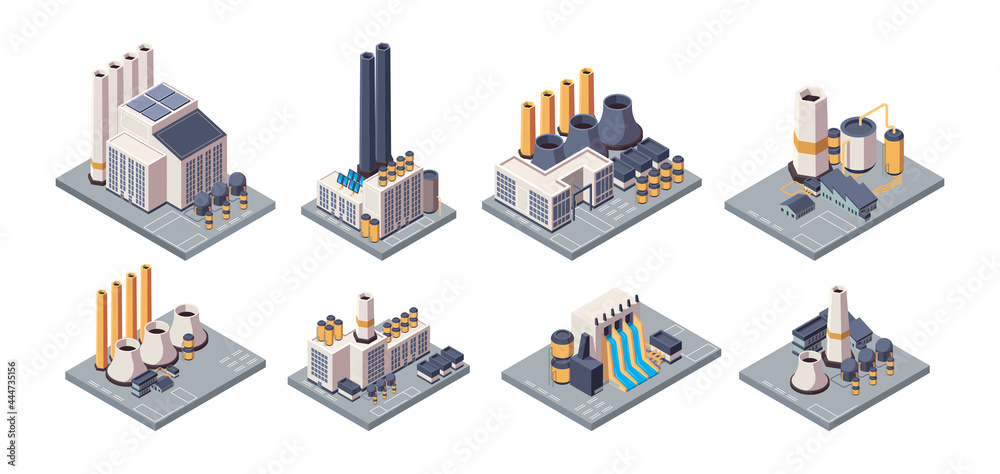 Industrial plants. Isometric factory buildings with tubes energy production business warehouses garish vector plants
