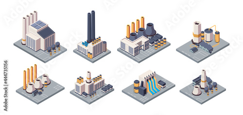 Industrial plants. Isometric factory buildings with tubes energy production business warehouses garish vector plants