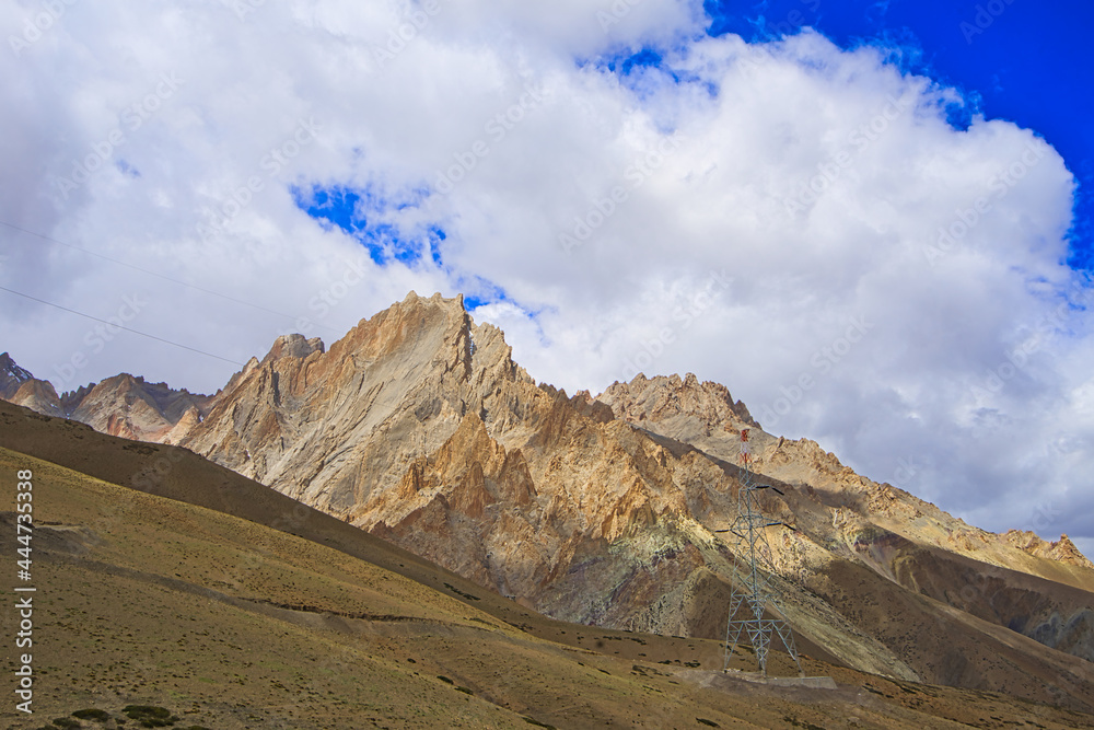 Beautiful natural scenery. The mountain range is the structure of the loess. View of between Lamayuru and Kargil in Ladakh ,Jammu and Kashmir, India, June 2018