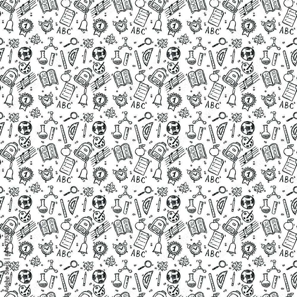 Seamless vector pattern with school icons. Doodle vector with school icons on white background. Vintage school pattern, sweet elements background for your project