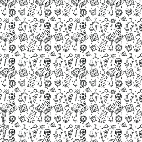 Seamless vector pattern with school icons. Doodle vector with school icons on white background. Vintage school pattern, sweet elements background for your project