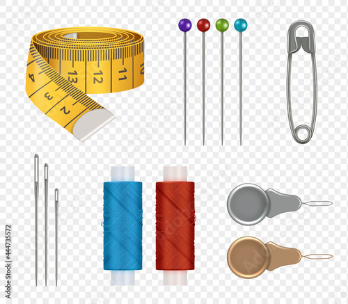 Sewing realistic. Measure tape needles colored threads for fashioned clothes production fabric textile sewing equipment decent vector collection set