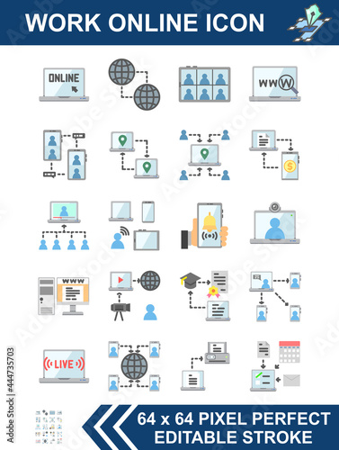 Wallpaper Mural Work Online by computers, smartphones, and laptops remotely. Editable stroke. 64 x 64 pixel perfect. Vector illustrator Flat icon.	 Torontodigital.ca