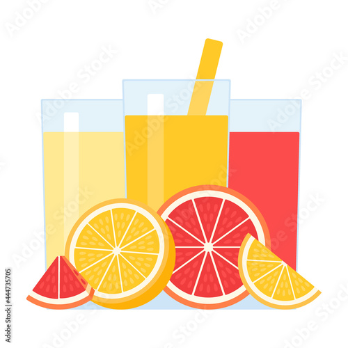 Fresh fruit citrus juice in glass and straw for drinking. Fruit drink with orange, grapefruit, lemon. Vector illustration isolated on white background
