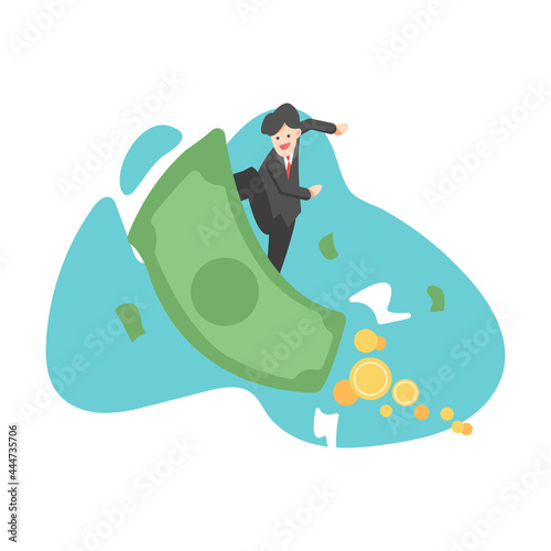 business man surfing with money. suitable for the theme of finance, success, profit, work. concept of flat business vector illustration.