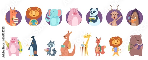 Back to school animal. Wild animals avatars, read books. Lion pig giraffe and bear, cute reading book vector characters