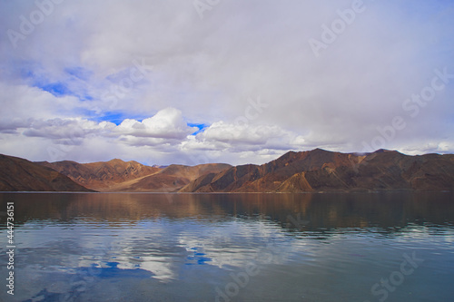 Pangong Tso or Pangong Lake is a brackish water lake, marshes and wetlands. Landscape an endorheic lake in the himalayas, Jammu and Kashmir, India. June 2018