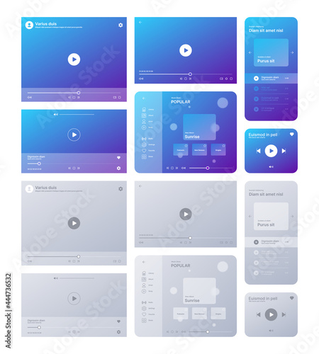 Web player interface. Video tube music radio platform ui template sound records digital interface garish vector pictures set with place for text clean light theme
