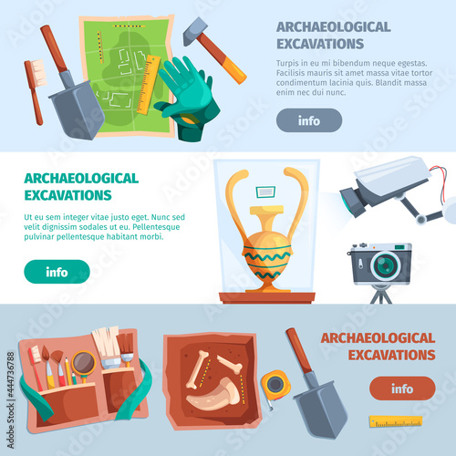 Archaeological banners. Ancient tools for history adventure education excavations finding various artifacts maps garish vector banner templates with personal text