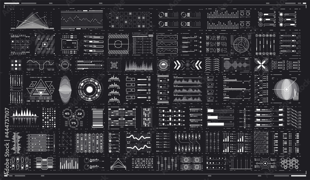 HUD UI for Business App. Set of Sci Fi Modern User Interface Elements. Abtract Header Status Bar. Digital dashboard panel illustration. Futuristic virtual graphic. Infographic elements.