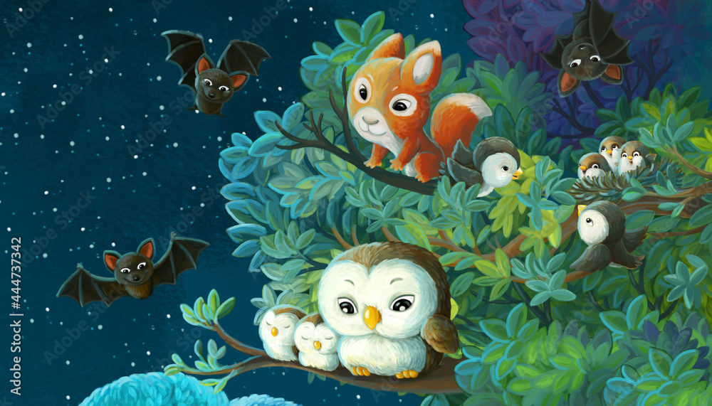 Foto cartoon scene with animals in forest by night illustration