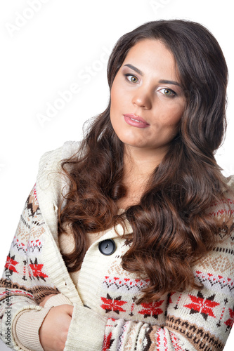 Portrait of exited young woman with dark lond hair photo