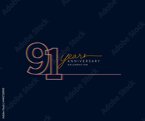 91st Years Anniversary Logotype with Colorful Multi Line Number Isolated on Dark Background.