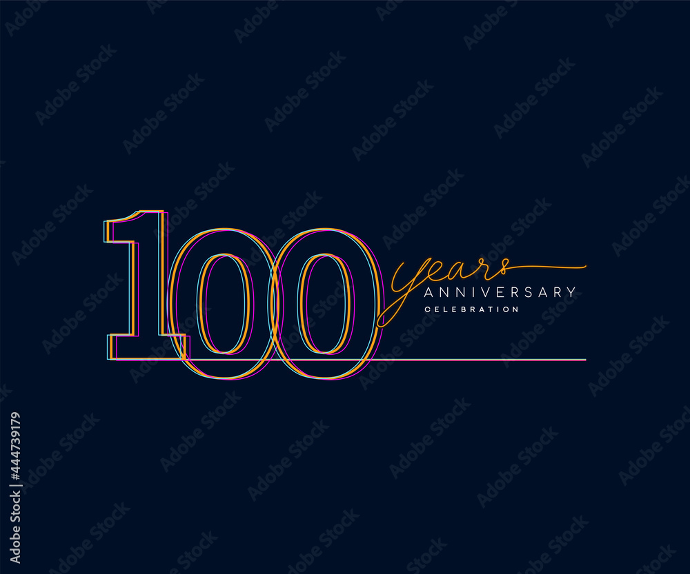 100th Years Anniversary Logotype with Colorful Multi Line Number Isolated on Dark Background.