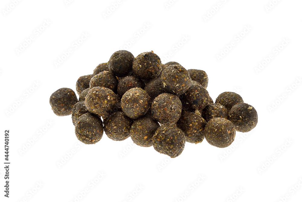 Close up view of brown boilies, fishing baits for carp isolated on white background Close up view of brown boilies, fishing baits for carp isolated on white background