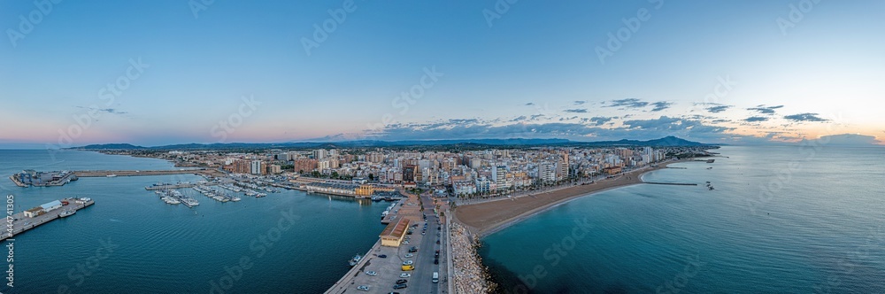 Naklejka premium Drone panorama of Spanish city Vinaros during sunrise