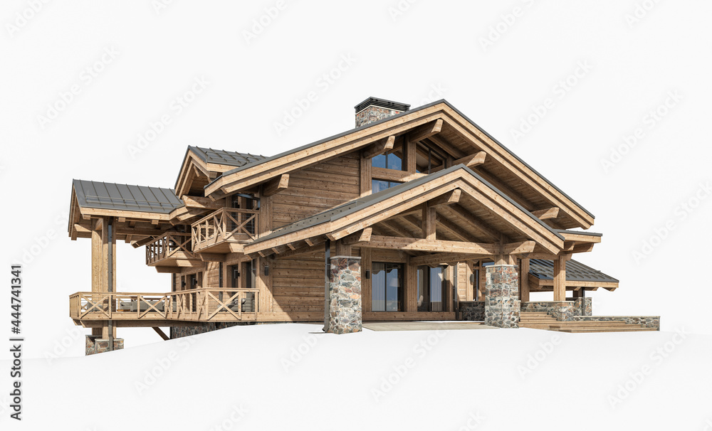 3d rendering of modern cozy chalet with pool and parking for sale or rent. Massive timber beams columns. Clear sunny summer day. Isolated on white 3d rendering of modern cozy chalet with pool and parking for sale or rent. Massive timber beams columns. Clear sunny summer day. Isolated on white