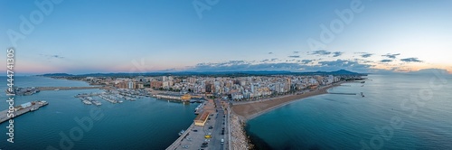 Drone panorama of Spanish city Vinaros during sunrise