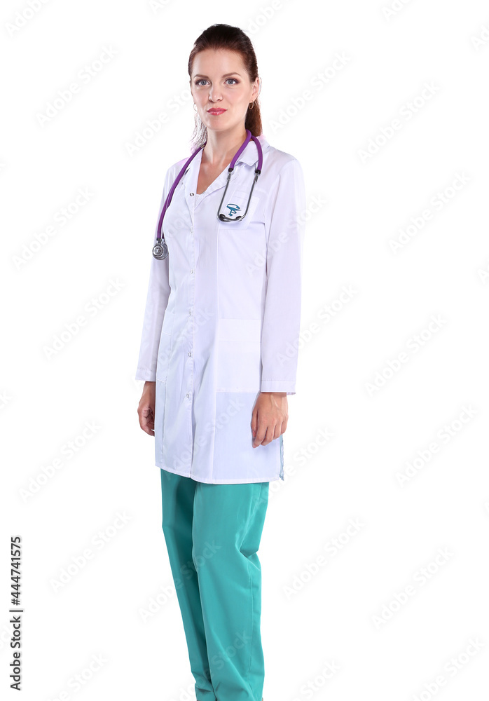 Smiling female doctor with a folder in uniform standing at hospital Smiling female doctor with a folder in uniform standing at hospital
