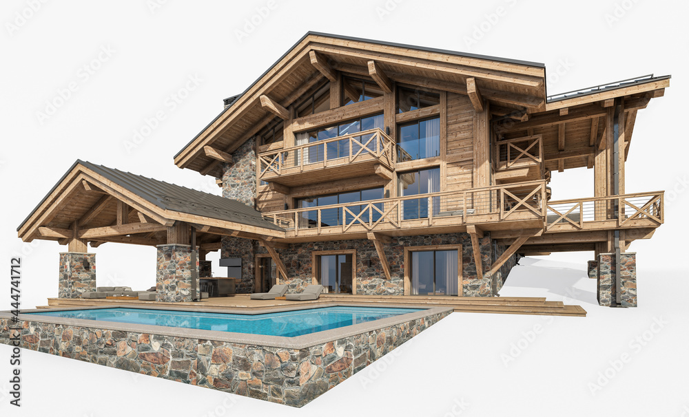 3d rendering of modern cozy chalet with pool and parking for sale or rent. Massive timber beams columns. Clear sunny summer day. Isolated on white