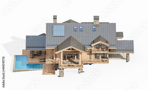 3d rendering of modern cozy chalet with pool and parking for sale or rent. Massive timber beams columns. Clear sunny summer day. Isolated on white