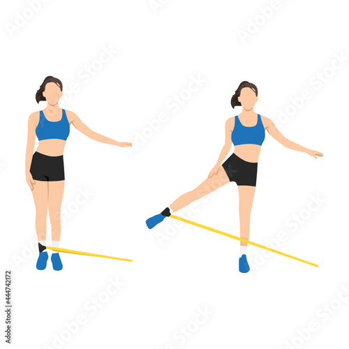 Woman doing Butt. cable standing abduction with long resistance band exercise. Flat vector illustration isolated on white background