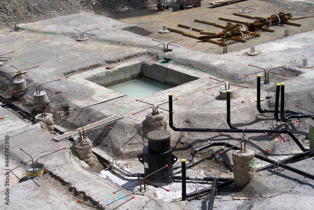 Ditch for the foundation at construction site at City of Zurich at high noon summer day. Photo taken July 12th, 2021, Zurich, Switzerland.