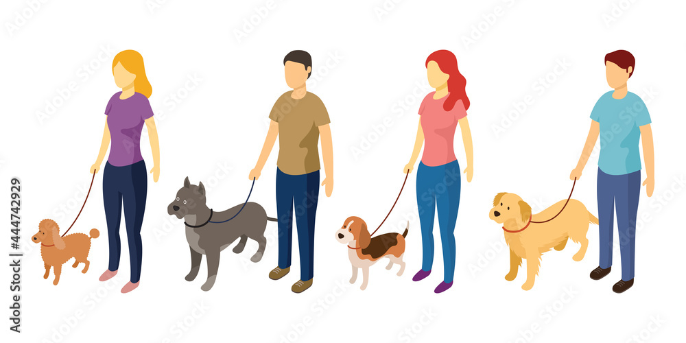 People Standing with Dog on Leash Isometric View