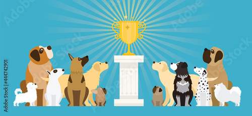Group of Dog Breeds Looking at Trophy on Winner Podium
