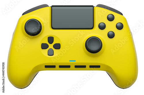 Realistic yellow video game joystick on white background