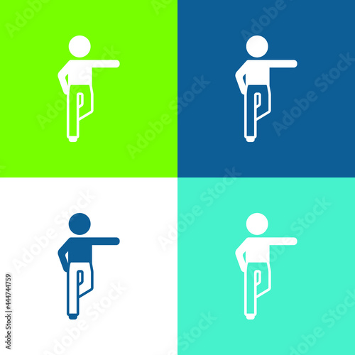 Boy Standing On Right Leg Stretching Left Arm Flat four color minimal icon set
