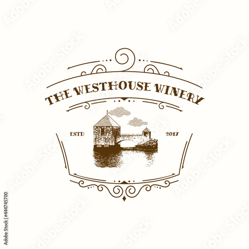 a classic style emblem or label or badge denoting a house or castle in the middle of a lake that is a winery
