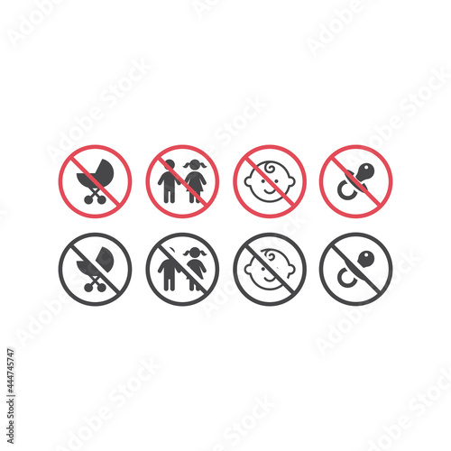 No children, no babies red prohibition sign. Not for kids signs with pram, dummy and baby vector icon set.