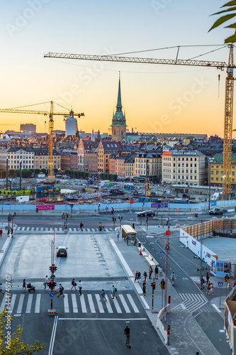 Stockholm / Sweden - July 5 2021: Slussen is an area of Stockholm named after the sluices between Lake Malaren and the Baltic Sea. 