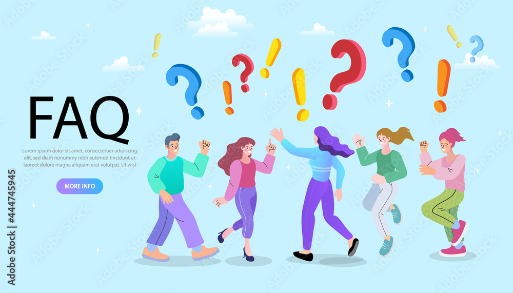 Woman and Man standing near Question. Online Support center. Frequently Asked Questions Concept. Flat Vector Illustration.