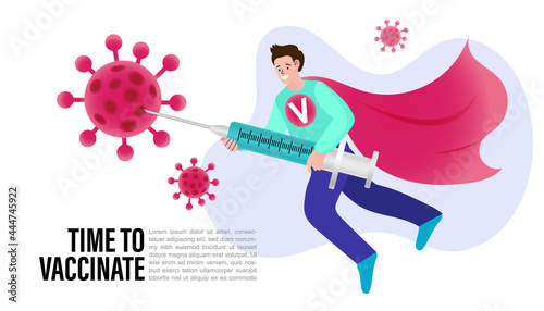 Man hold syringe with dose of antiviral drug. Time to vaccinate. Vaccination of patients against coronavirus. Male character defeats virus with vaccine. Concept health care. Flat vector illustration.