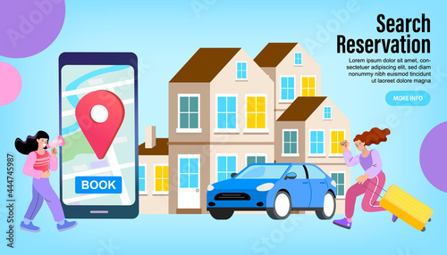 people booking hotel and search reservation. young woman with travel suitcase goes to big smartphone screen and using smart phone application. Smartphone travel apps concept. vector illustration.