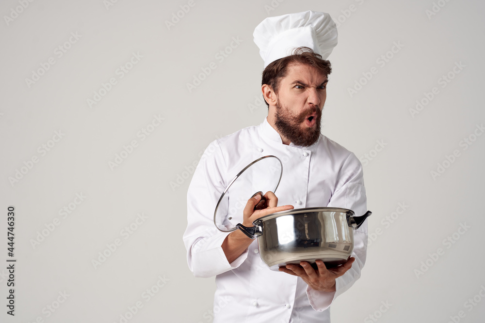 man chef with a saucepan in his hands emotions cooking food work man chef with a saucepan in his hands emotions cooking food work
