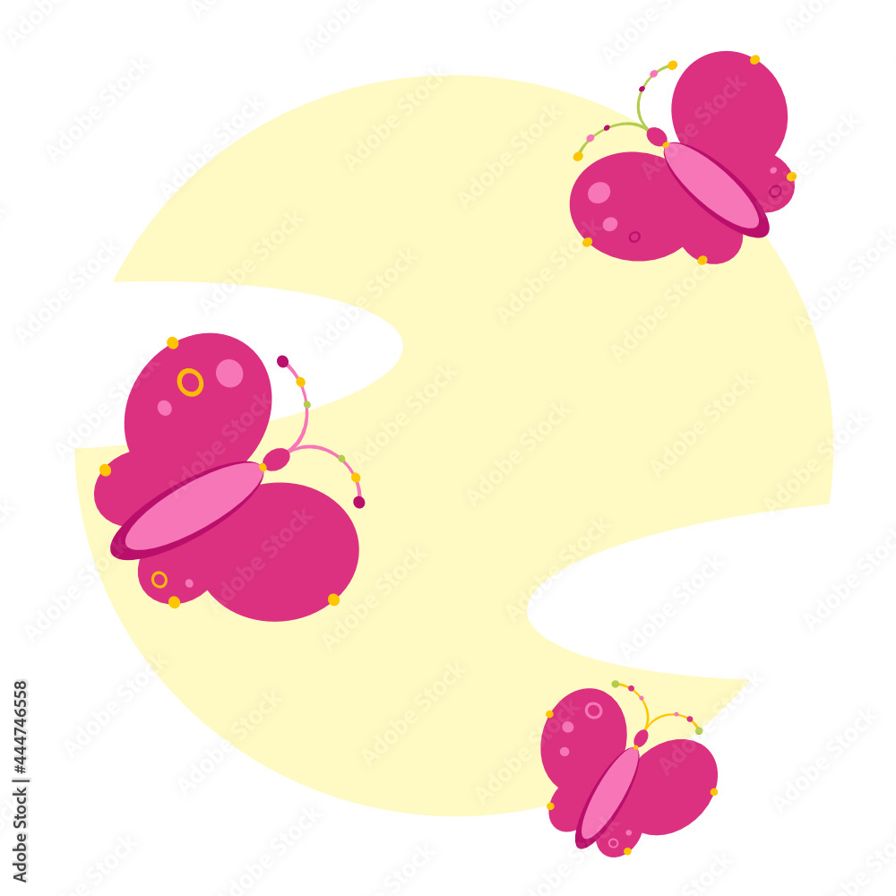 Vector illustration of three pink butterflies with large wings on a yellow circle. Family of butterflies. Cute cartoon butterflies.
